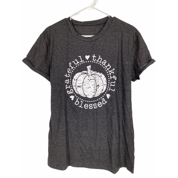 Gray Grateful Thankful Blessed Graphic T-Shirt L - Picture 1 of 5